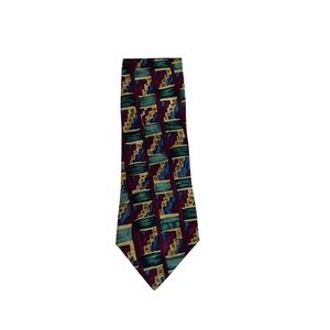 Bolgheri NWT Italy 100% Silk Men’s Necktie Burgundy Teal Gold Geo Abstract